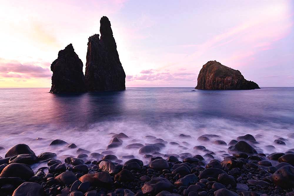 Volcanic rock formation Ilheus da Rib, steep coast of Ribeira de Janela, also Ribeira da Janela, sunset, Porto Moniz, island Madeira, Portugal, Europe