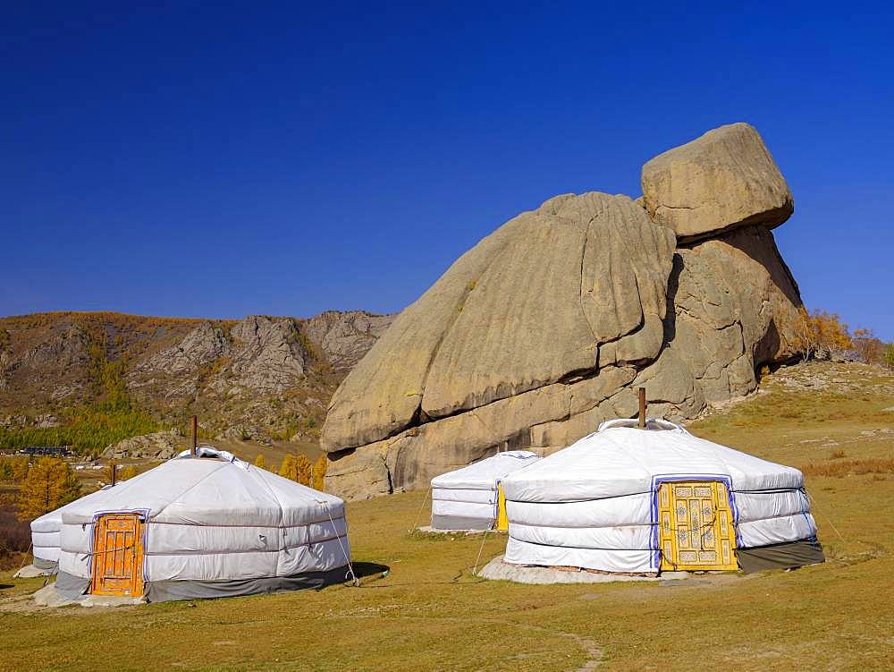 Yurts under the Turtle Rock, in Gorky Terelj National Park, Gorky Terelj National Park, Ulaanbaatar, Ulan Bator, Mongolia, Asia