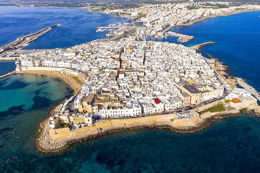 Aerial view, old town with fort, city wall and harbour, Gallipoli, province of Lecce, Salento peninsula, Apulia, Italy, Europe