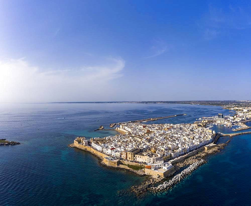 Aerial view, old town with fort, city wall and harbour, Gallipoli, province of Lecce, Salento peninsula, Apulia, Italy, Europe