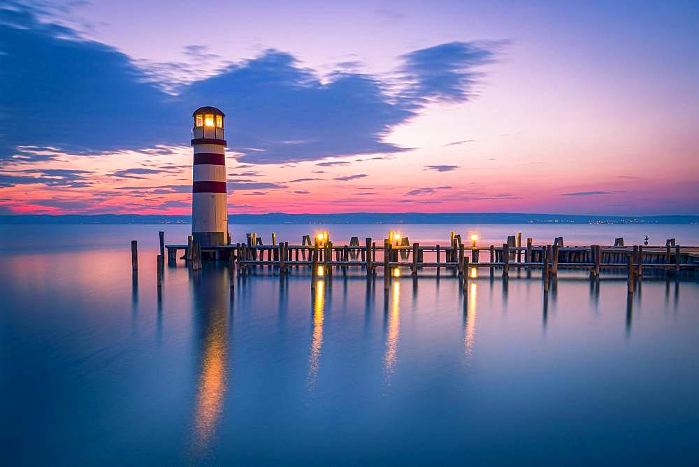 Lighthouse at sunset, Podersdorf am See, Lake Neusiedl, Burgenland, Austria, Europe