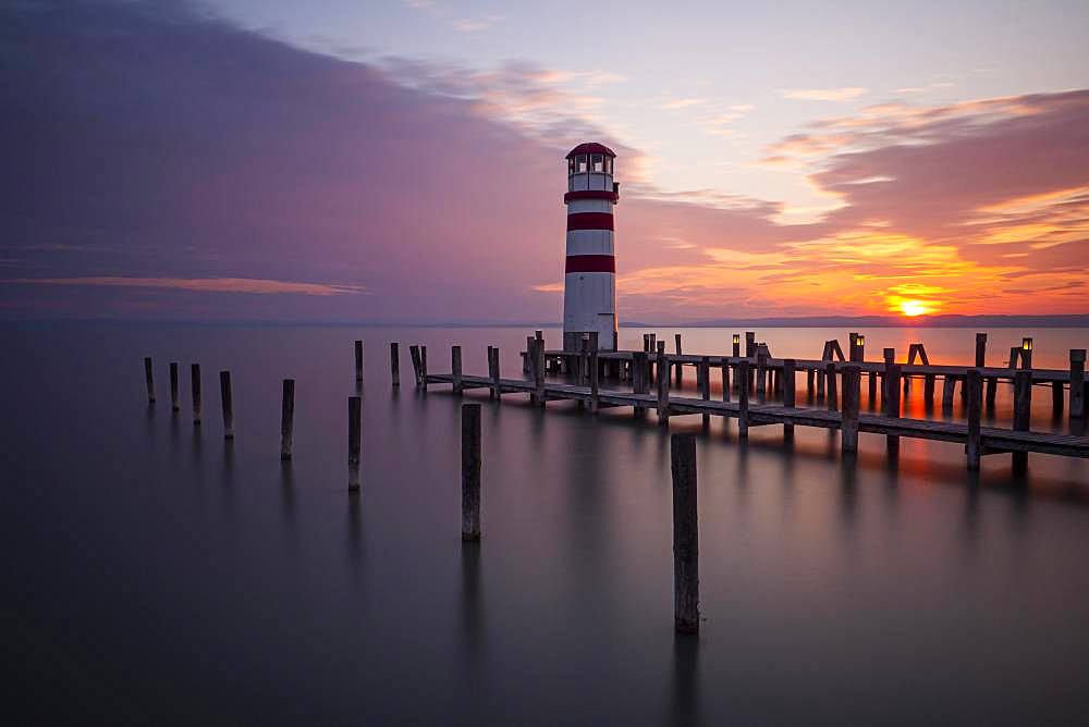 Lighthouse at sunset, Podersdorf am See, Lake Neusiedl, Burgenland, Austria, Europe