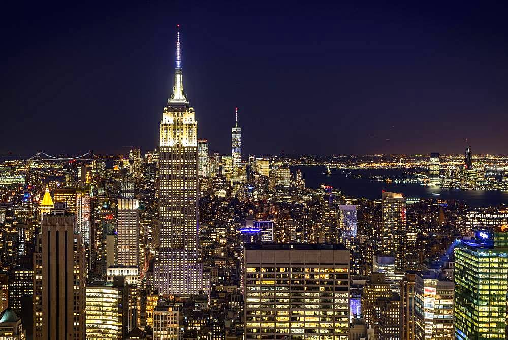 View of Midtown and Downtown Manhattan and Empire State Building from Top of the Rock Observation Center at Night, Rockefeller Center, Manhattan, New York City, New York City