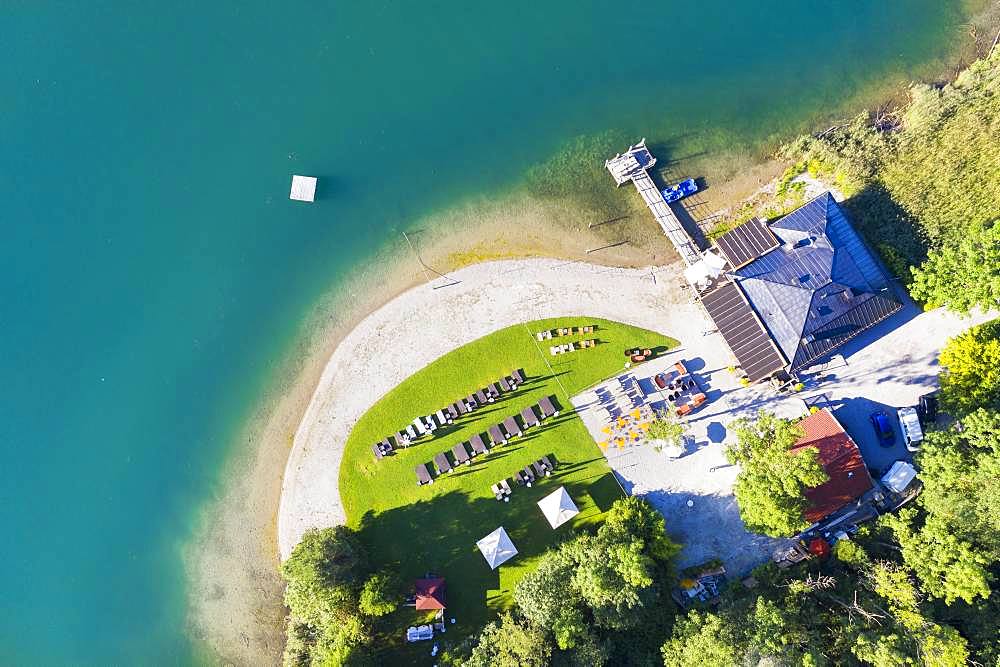 Restaurant Faehrhuette near Rottach-Egern, Tegernsee, aerial view, Upper Bavaria, Bavaria, Germany, Europe