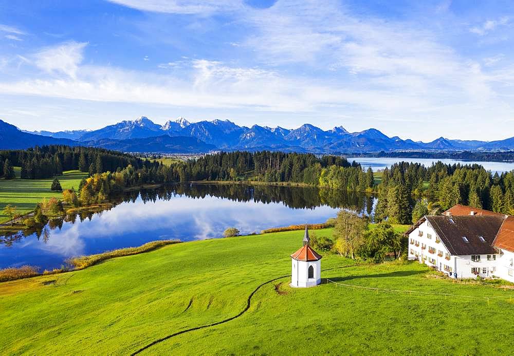 Lake Hegratsrieder See, Hegratsried, near Halblech, at the back Tannheimer Berge, Ostallgaeu, Allgaeu, aerial view, Swabia, Bavaria, Germany, Europe