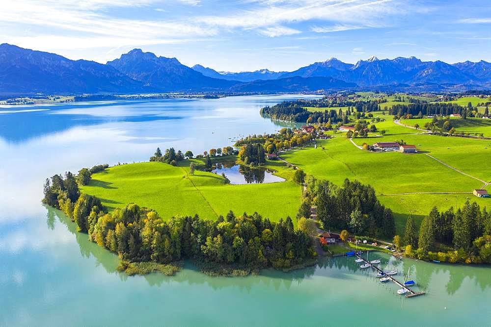 Lake Forggensee and Dietringer Toteisloch, Dietringen, Ostallgaeu, Allgaeu, aerial view, Swabia, Bavaria, Germany, Europe