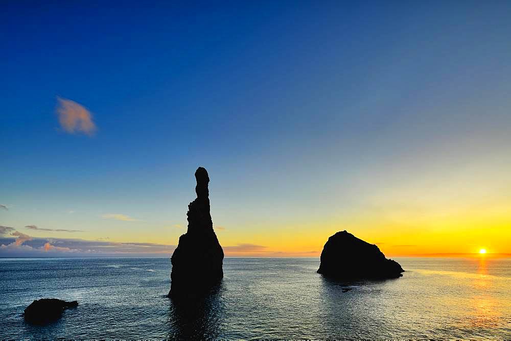 Volcanic rock formation Ilheus da Rib, steep coast of Ribeira de Janela, also Ribeira da Janela, sunrise, Porto Moniz, Madeira, Portugal, Europe