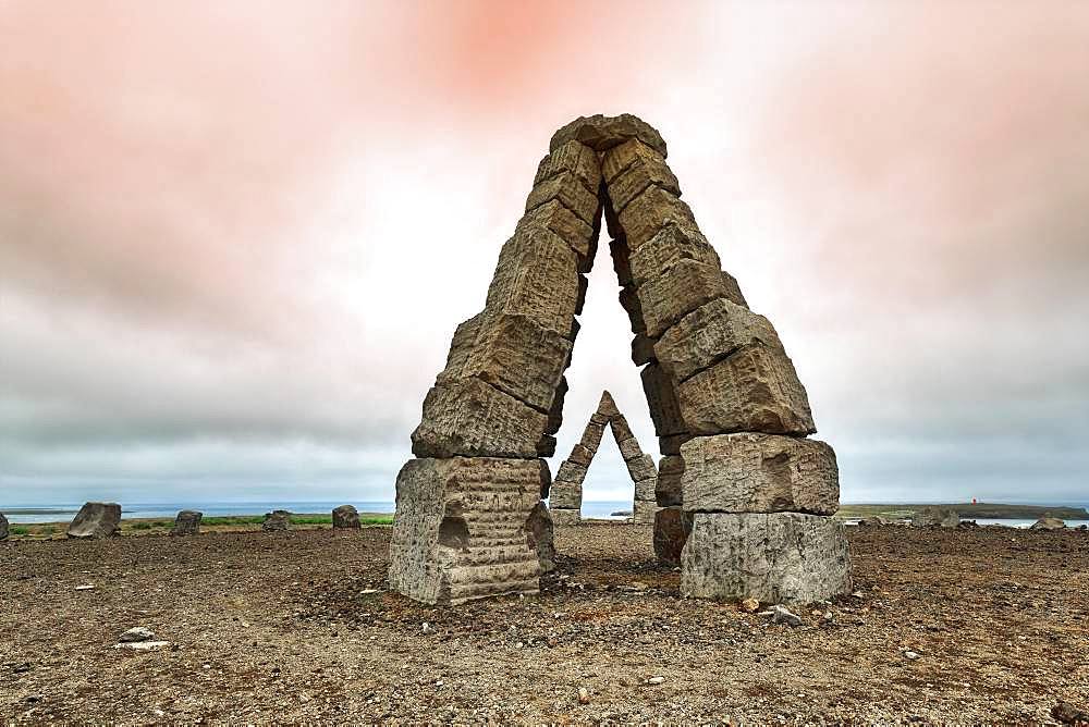 Monumental stone gates in barren landscape, Arctic Henge, Raufarhoefn, Melrakkasletta, North East Iceland, Iceland, Europe