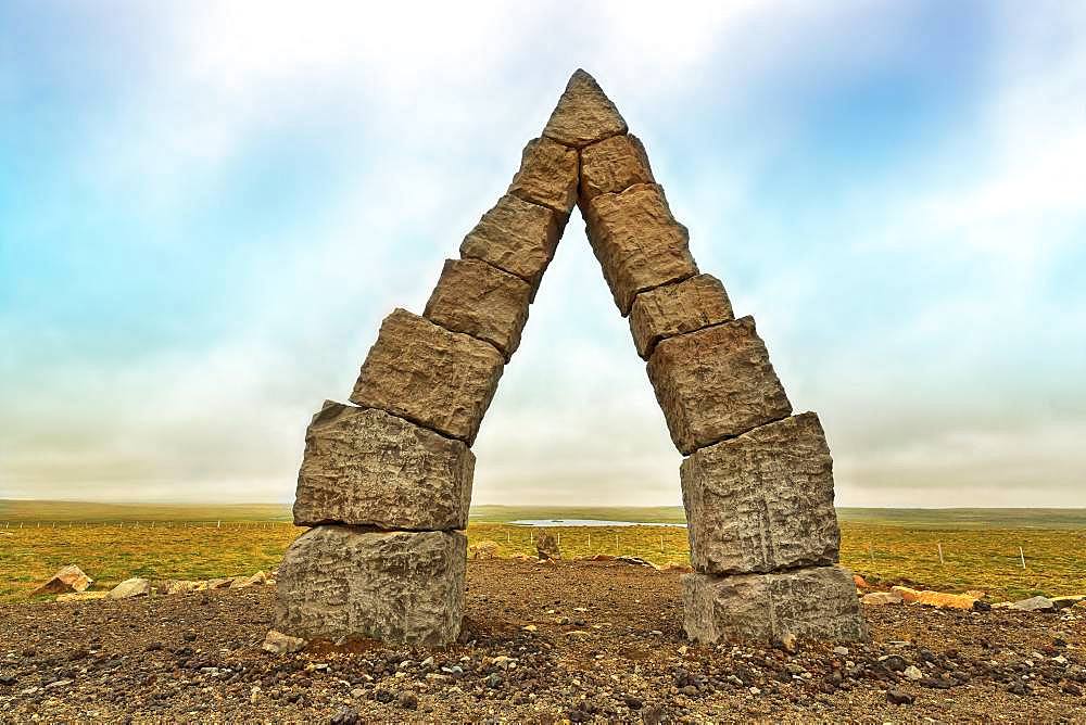 Monumental stone gate in barren landscape, Arctic Henge, Raufarhoefn, Melrakkasletta, Northeast Iceland, Iceland, Europe