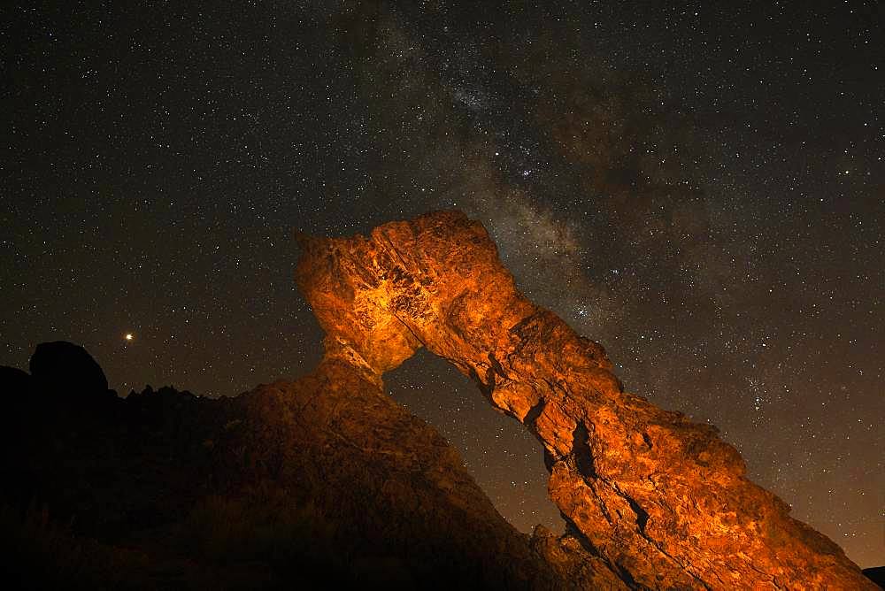 Lighted Zapato de La Reina, The Queen's Shoe with Starry Sky, Milky Way, New Moon Night Shoot, Las Canadas, Teide National Park, Tenerife, Canary Islands, Spain, Europe