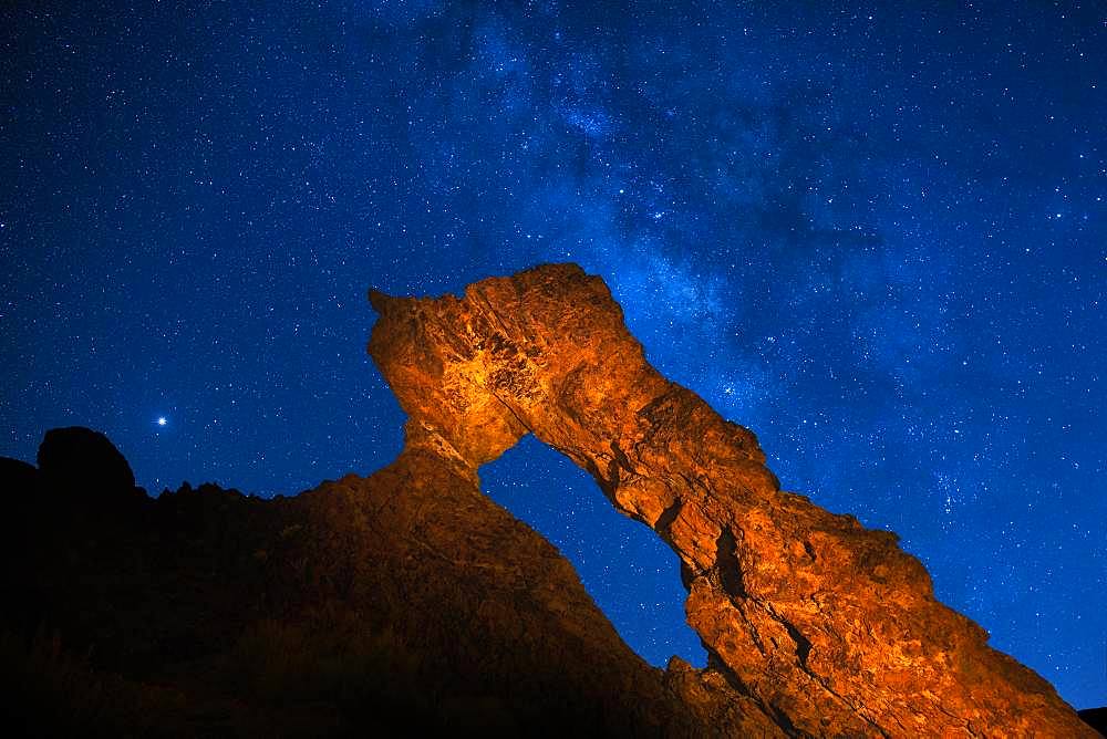 Lighted Zapato de La Reina, The Queen's Shoe with Starry Sky, Milky Way, New Moon Night Shoot, Las Canadas, Teide National Park, Tenerife, Canary Islands, Spain, Europe