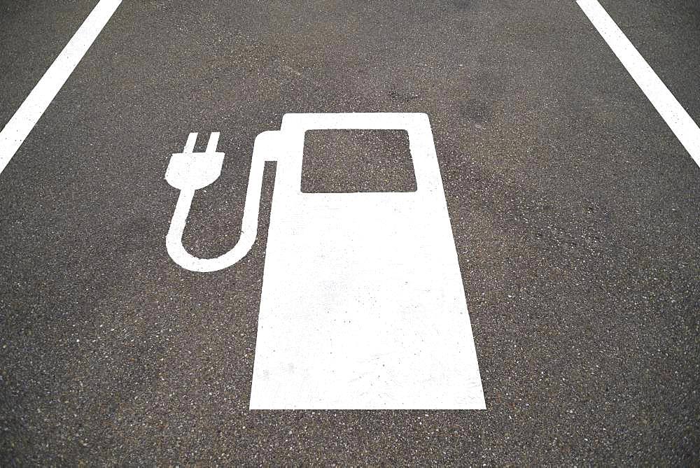 Symbol of an electric filling station on a parking lot, Bavaria, Germany, Europe