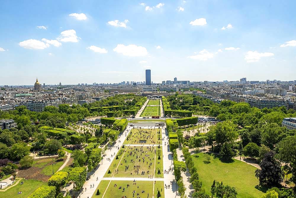 Cityscape, view from the Eiffel Tower over Parc du Champ de Mars, Montparnasse Tower behind, Paris, Ile-de-France, France, Europe