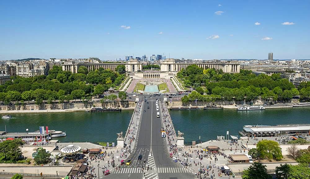 View from the Eiffel Tower to the Jardins du Trocadero with bridge Pont d'Iena and river Seine, Paris, France, Europe