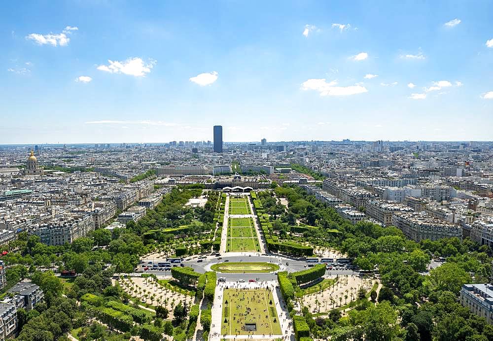 Cityscape, view from the Eiffel Tower over Parc du Champ de Mars, Montparnasse Tower behind, Paris, Ile-de-France, France, Europe