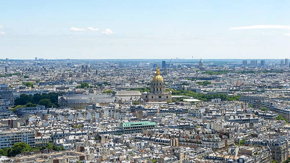 City view, view from the Eiffel Tower to the golden dome of the Chapel of Saint-Louis-des-Invalides, Hotel des Invalides, Paris, France, Europe