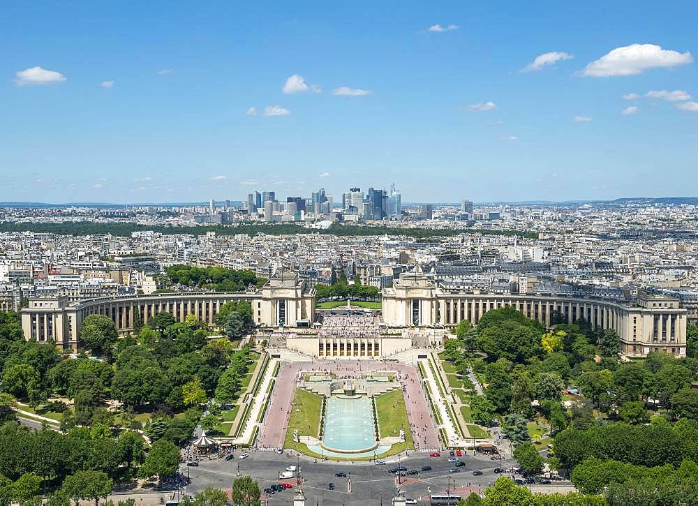 View from the Eiffel Tower to the Jardins du Trocadero, Paris, France, Europe