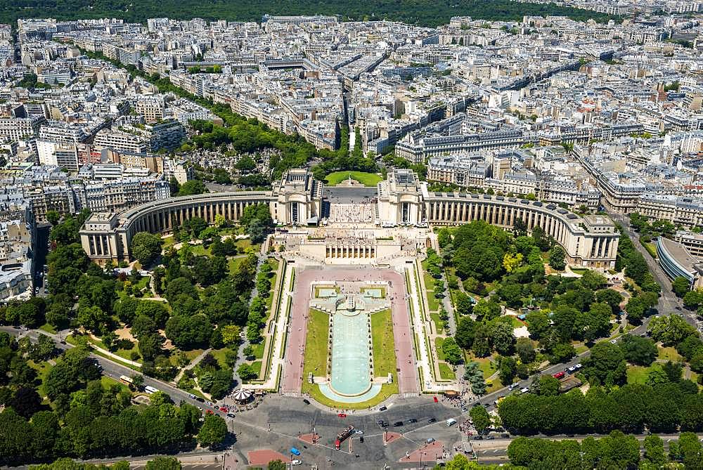 View from the Eiffel Tower to the Jardins du Trocadero, Paris, France, Europe