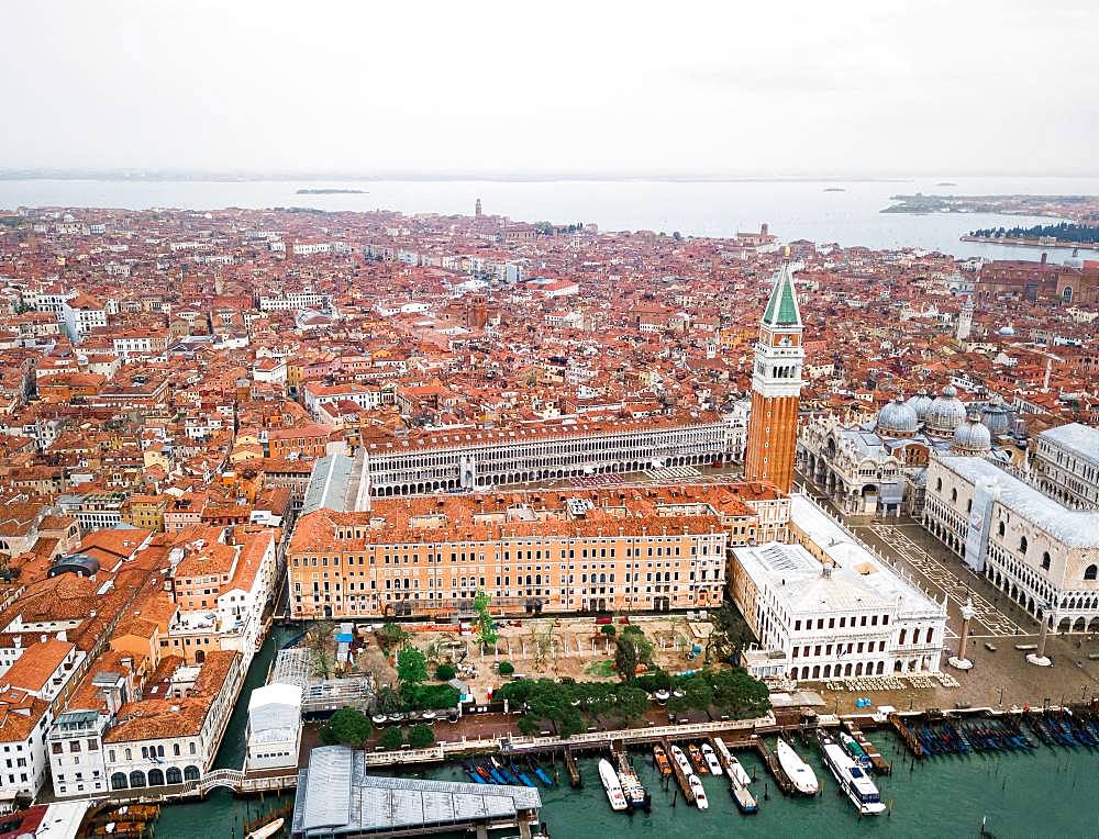 Piazza San Marco with Campanile, Basilica San Marco and Doge's Palace, aerial view, Venice, Veneto, Italy, Europe