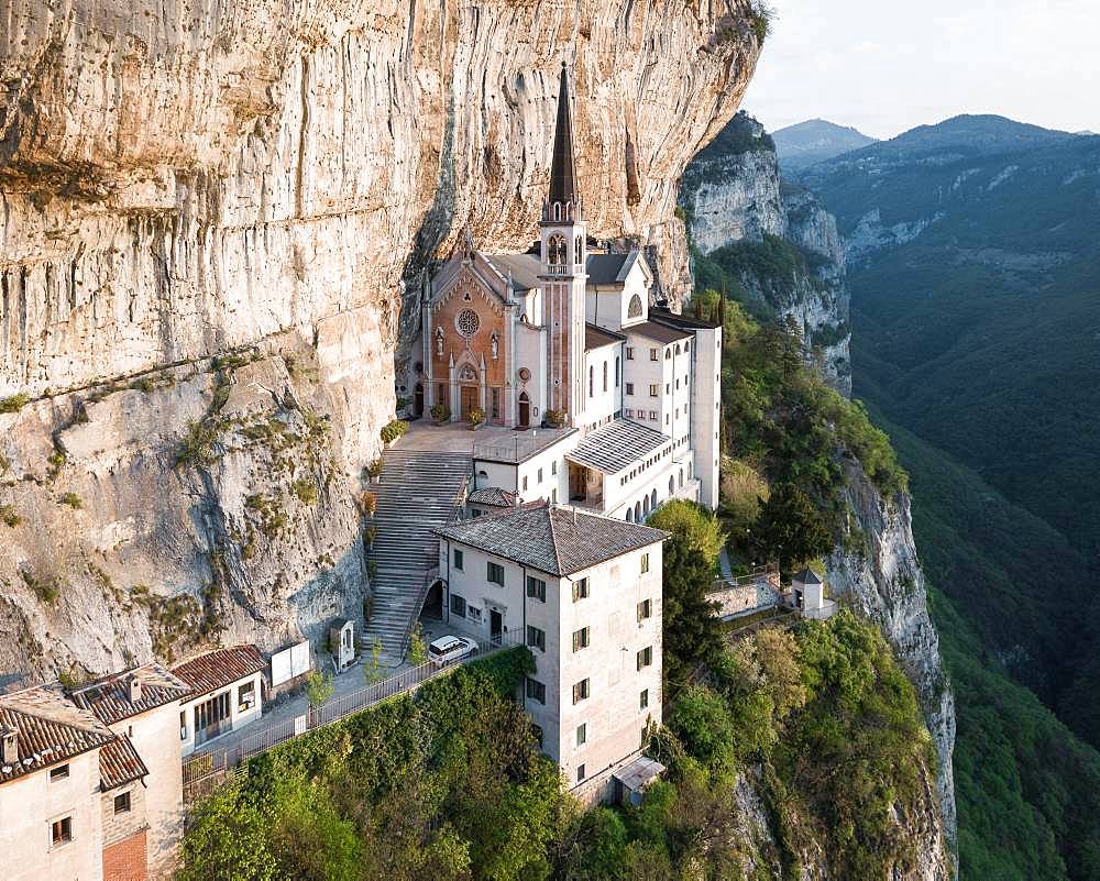 Aerial view, mountain church on the slope, Madonna della Corona, chapel near Spiazzi, Ferrara di Monte Baldo, province Verona, Veneto, Northern Italy, Italy, Europe