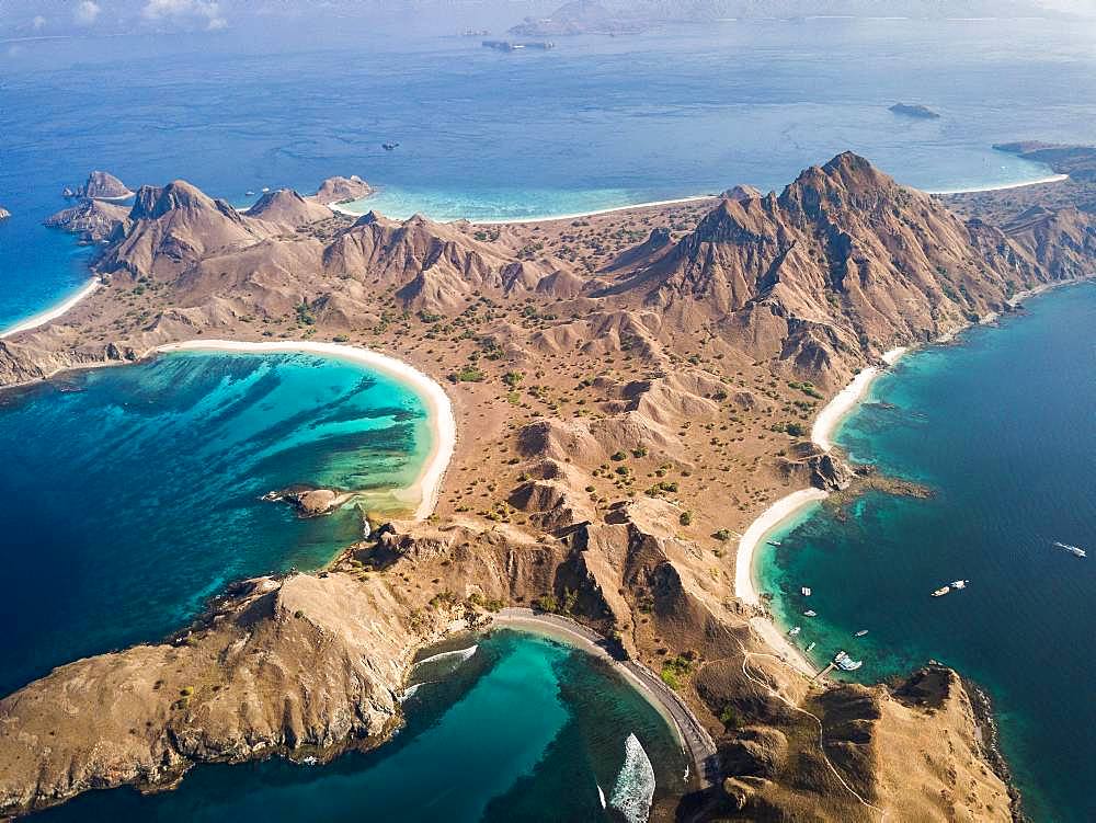 Aerial view, mountainous island, tropical beaches, Padar Island, Indonesia, Asia