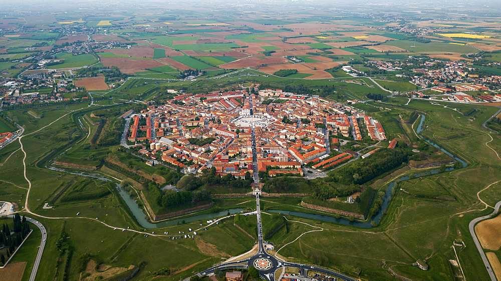 Aerial view, star-shaped city with city wall and moat, Palmanova, Northern Italy, Italy, Europe