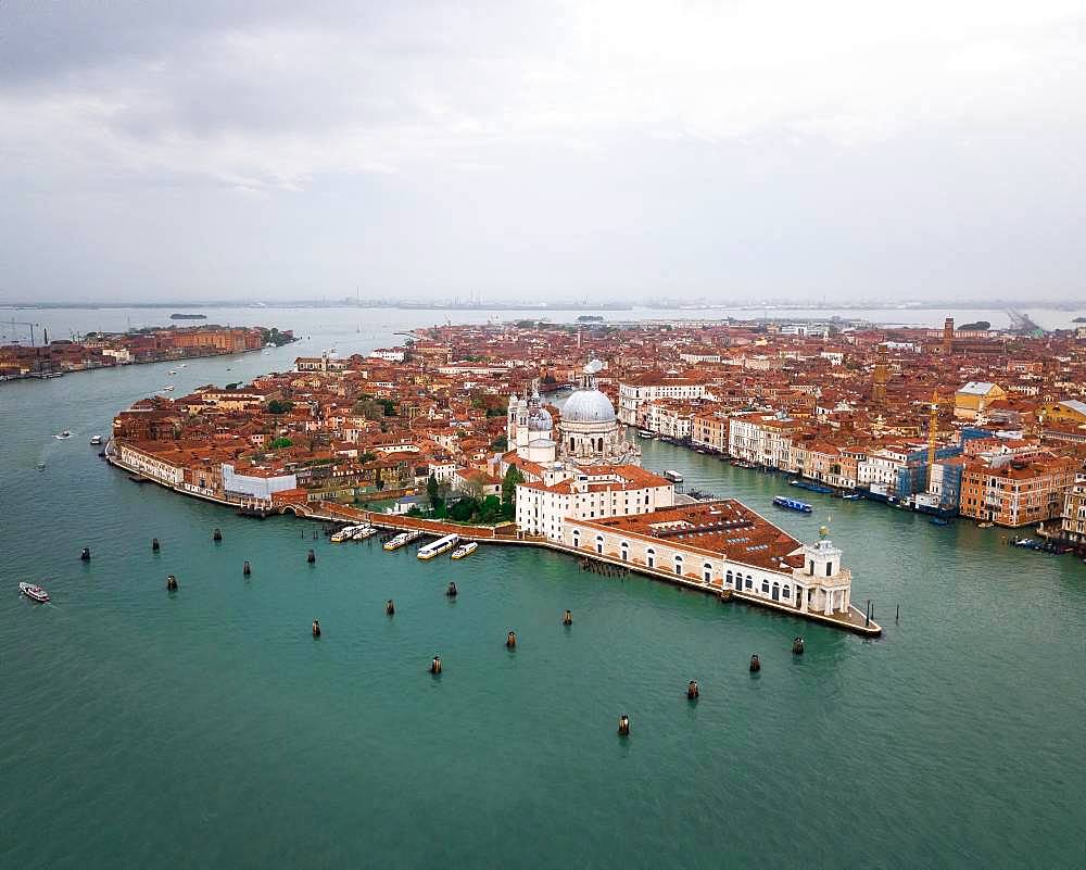 City view with church Santa Maria della Salute, aerial view, Venice, Italy, Europe