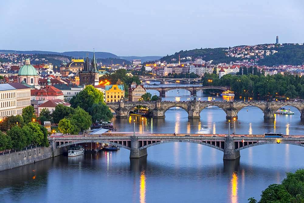 City view, bridges over the river Vltava, Charles Bridge with Old Town Bridge Tower and Water Tower, evening mood, Prague, Bohemia, Czech Republic, Europe