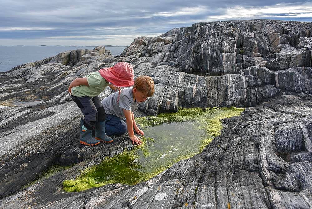 Boy and girl playing between rocks with algae, Straumsholmen, Atlantic Road, Norway, Europe