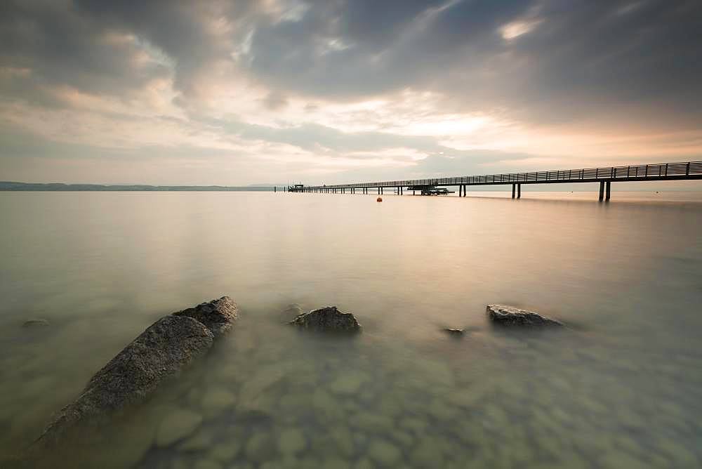 Longest jetty at Lake Constance in the morning light in Altnau, Lake Constance, Thurgau, Switzerland, Europe