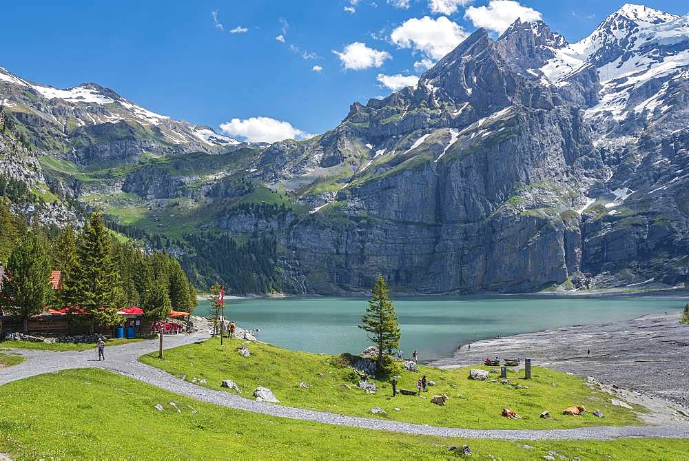 Mountain landscape on Lake Oeschinen with Blueemlisalp, Kandersteg, Bernese Oberland, Canton of Bern, Switzerland, Europe