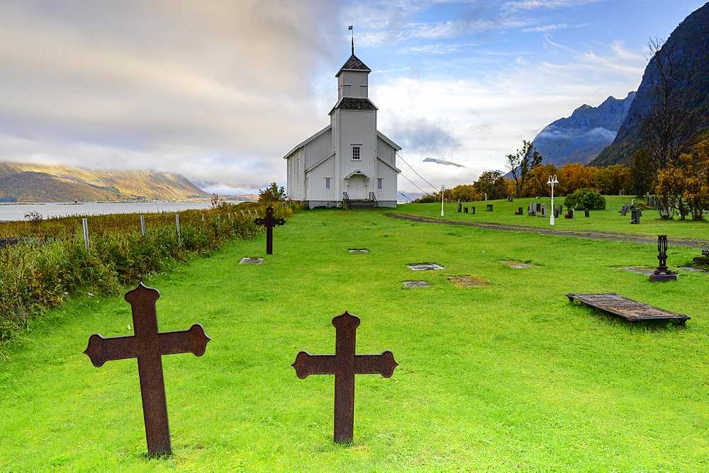 Crosses in cemetery and church, Gimsoy, Lofoten, Norway, Europe