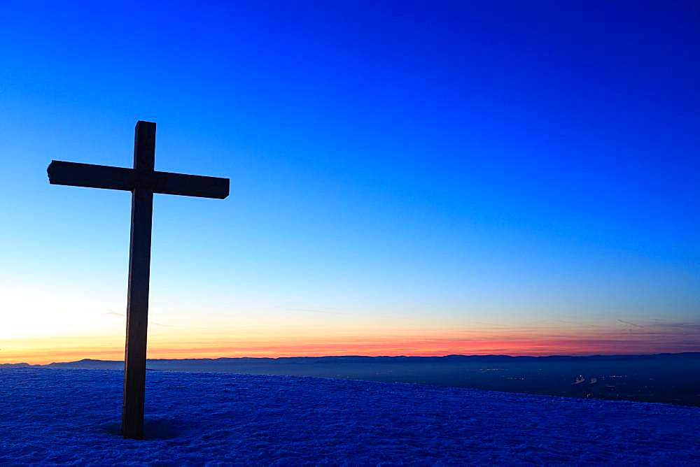 Summit cross of the Belchen with sunset after sunset, Black Forest, Baden-Wuerttemberg, Germany, Europe