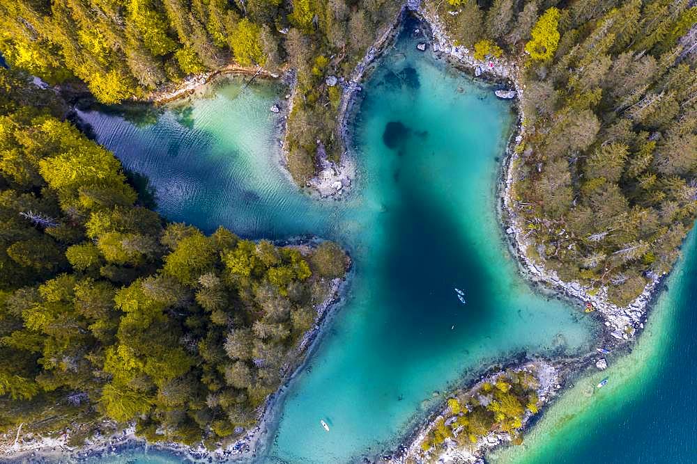 Aerial view, islands and forested shores from above, Eibsee lake near Grainau, Upper Bavaria, Bavaria, Germany, Europe