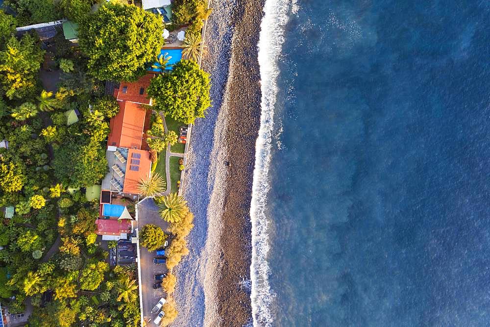 Beach Playa de Argaga and Finca Argayall in the evening light from above, Valle Gran Rey, aerial view, La Gomera, Canary Islands, Spain, Europe