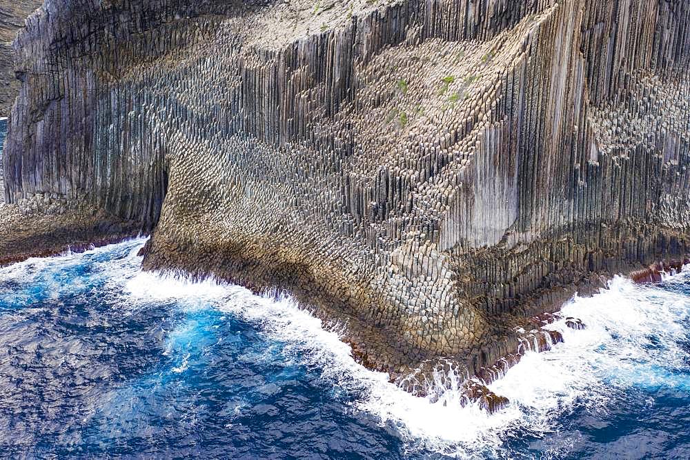 Basalt rock formation Los Organos, Organ Pipe Rock, near Vallehermoso, aerial view, La Gomera, Canary Islands, Spain, Europe