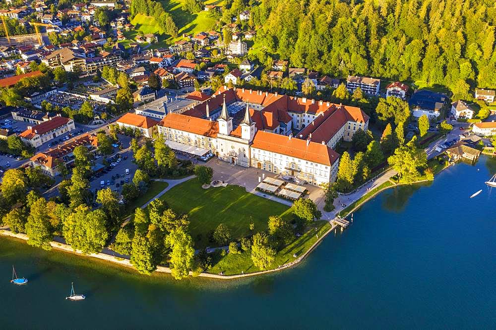 Lake Tegernsee, place Tegernsee and monastery Tegernsee, drone shot, Upper Bavaria, Bavaria, Germany, Europe