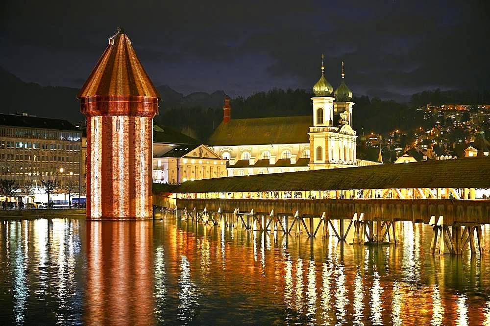 Wassertum with light installation, right Chapel Bridge, behind Jesuit Church on the Reuss at dusk, Old Town, Lilu, Light Festival 2020, Lucerne, Canton Lucerne, Switzerland, Europe