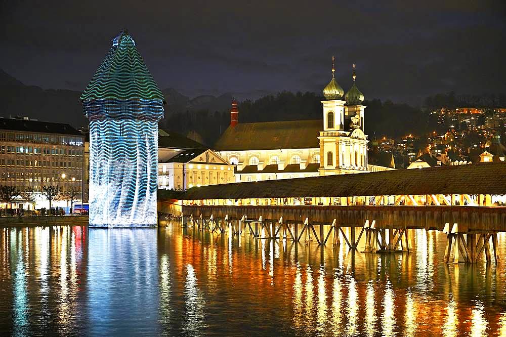 Wassertum with light installation, right Chapel Bridge, behind Jesuit Church on the Reuss at dusk, Old Town, Lilu, Light Festival 2020, Lucerne, Canton Lucerne, Switzerland, Europe