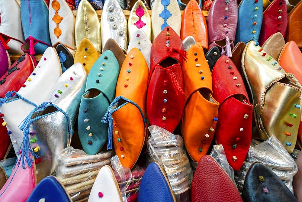 Colorful slippers sold in old town of Marrakech, North Africa, Morocco, Africa