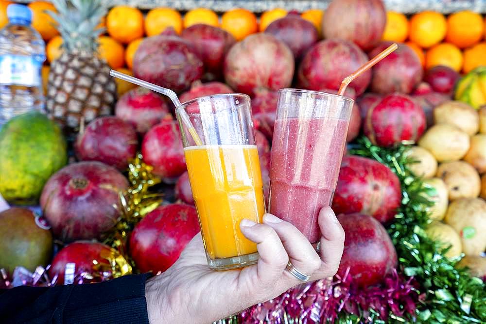 Mixed fruit juice and fresh orange juice, open air market in Marrakech, Morocco, Africa