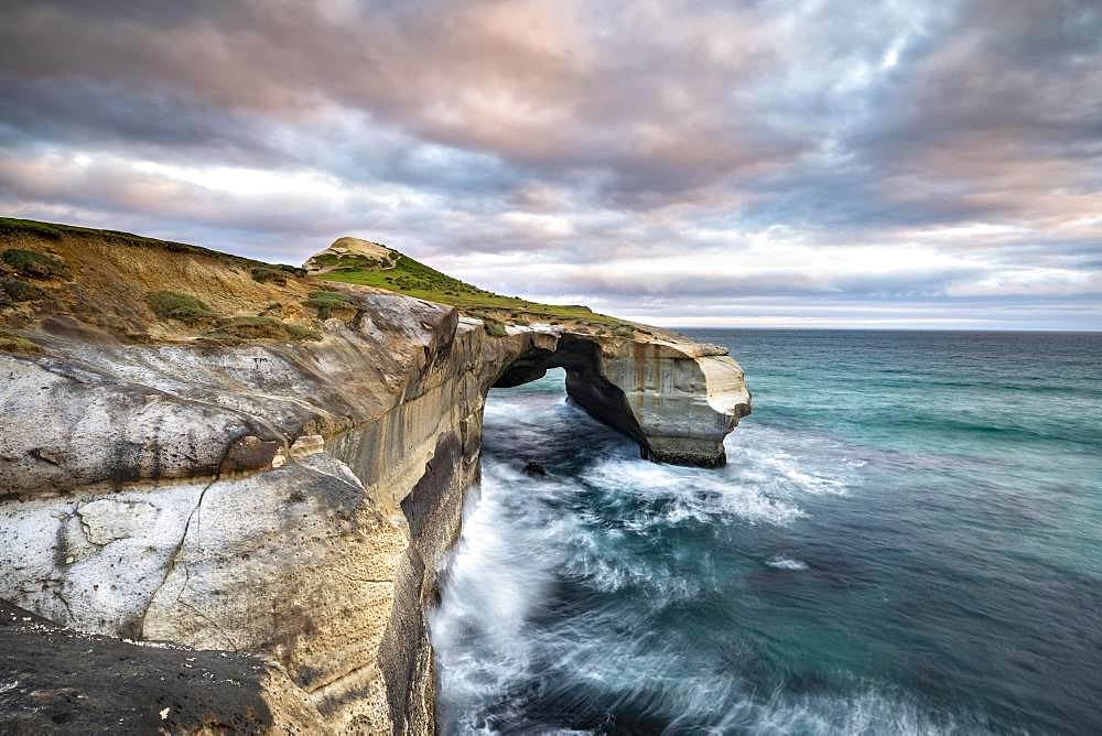 Rugged rock formation at Tunnel Beach, Dunedin, Otago, South Island, New Zealand, Oceania