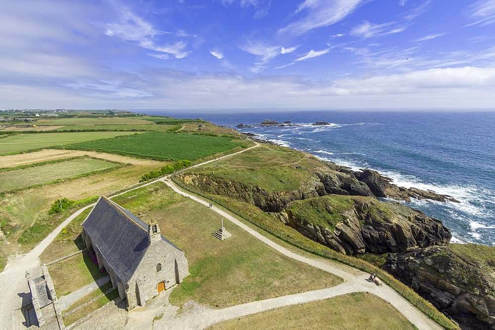 View from the lighthouse Saint Mathieu to the church Notre Dame des Graces, Plougonvelin, Departement Finistere, France, Europe