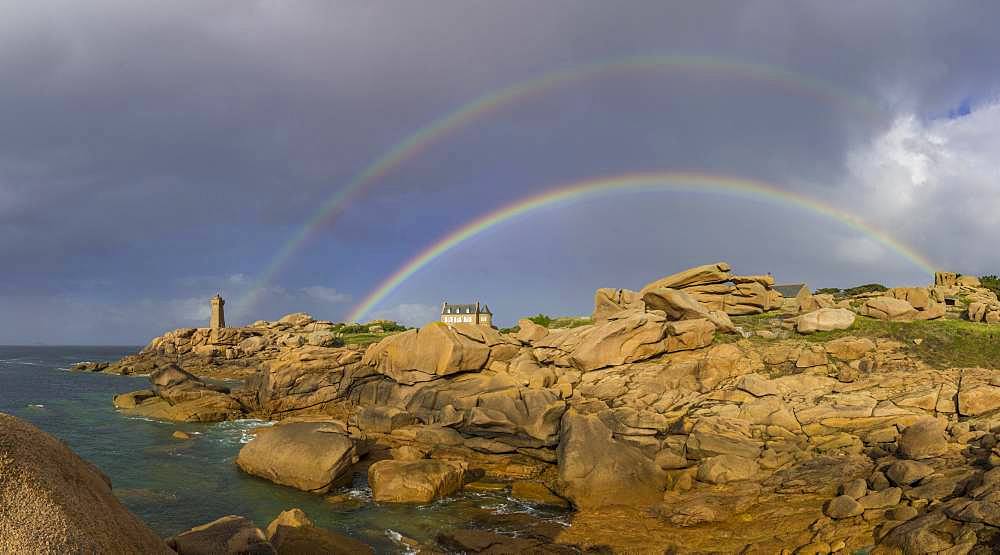 Phare de Men Ruz and Villa of Gustave Eiffel with double rainbow, Ploumanac'h, Departement Cotes-d'Armor, France, Europe