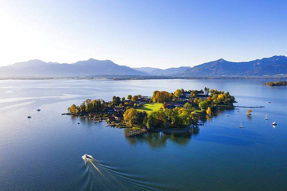 Fraueninsel with alpine chain, Frauenchiemsee, Chiemsee, Chiemgau, aerial view, alpine foreland, Upper Bavaria, Bavaria, Germany, Europe