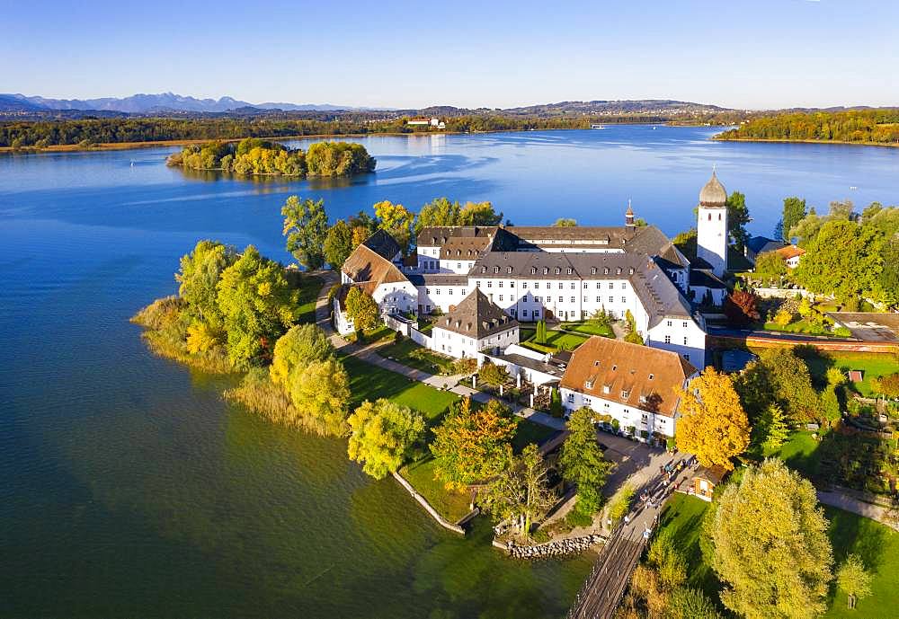 Benedictine monastery Frauenwoerth on Fraueninsel, Frauenchiemsee, behind Krautinsel and Herreninsel, Chiemsee, Alps, Chiemgau, aerial view, foothills of the Alps, Upper Bavaria, Bavaria, Germany, Europe