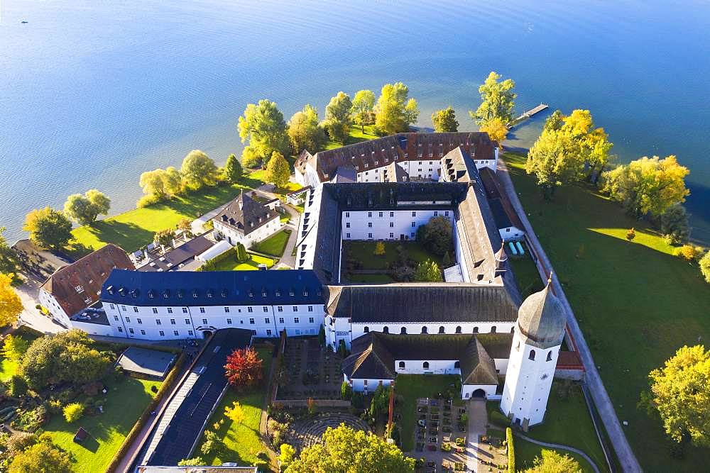 Benedictine monastery Frauenwoerth on Fraueninsel, Frauenchiemsee, Chiemsee, Chiemgau, aerial view, Alpine foreland, Upper Bavaria, Bavaria, Germany, Europe