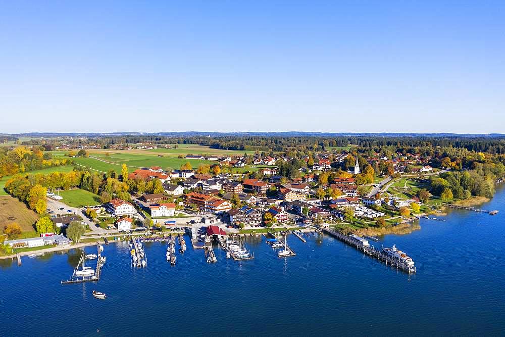 View of Gstadt am Chiemsee, Chiemsee, Chiemgau, aerial view, Upper Bavaria, Bavaria, Germany, Europe