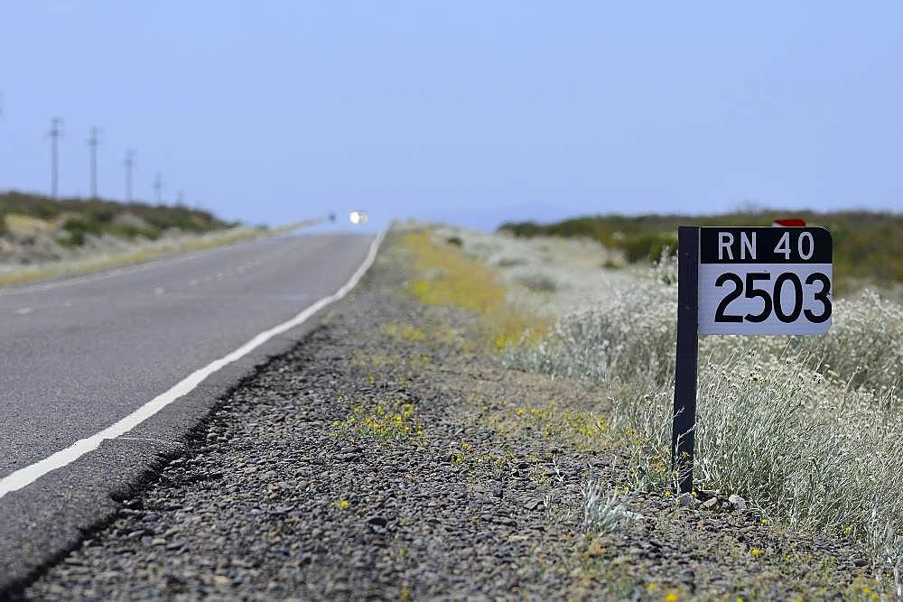 Mileage on the Ruta 40, near Chos Malal, Neuquen Province, Patagonia, Argentina, South America