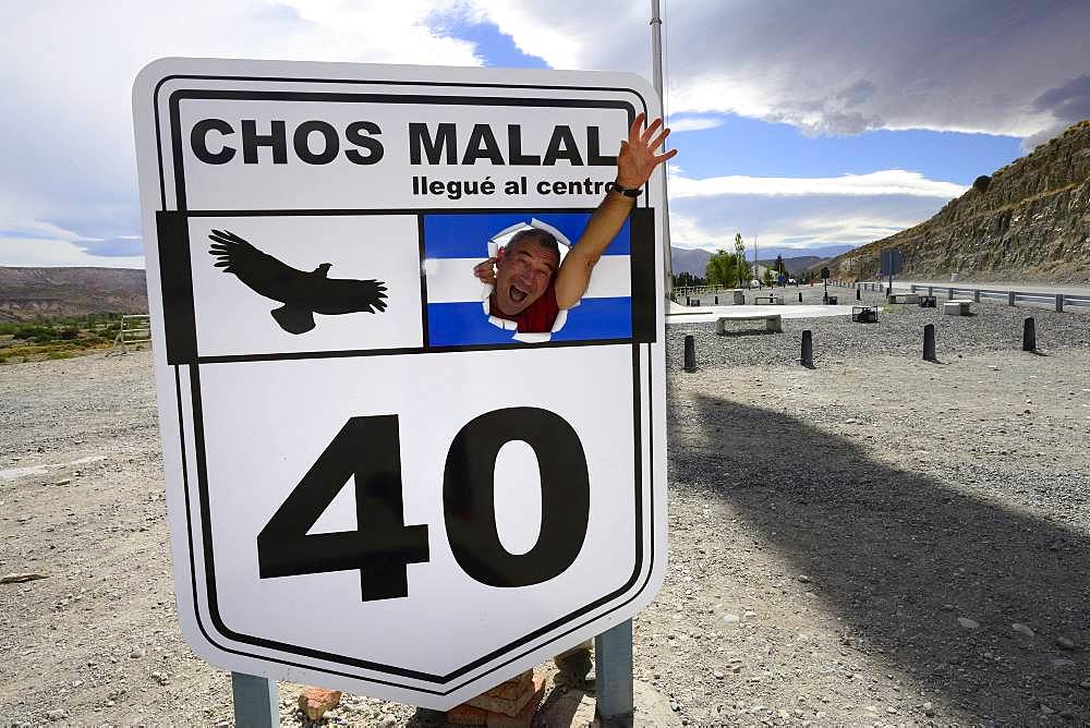 Monument in the half of Route 40, Mitad Ruta 40, near Chos Malal, Neuquen Province, Patagonia, Argentina, South America